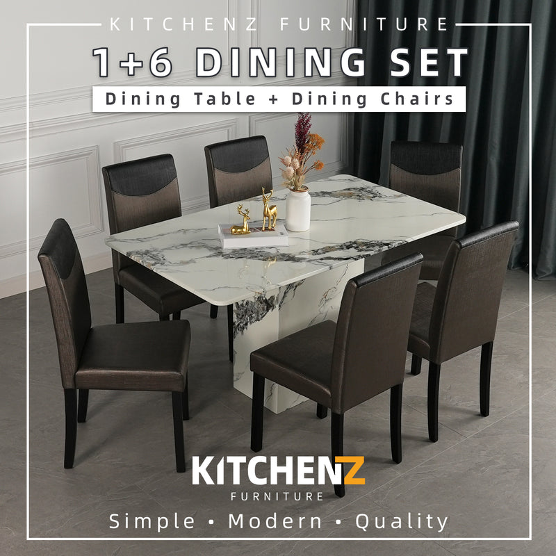 (FREE Shipping & FREE Installation) 6 People Seater Marble Dining Set / Full Marble / Parson Chair / Solid Wooden Leg-HMZ-FN-DT-8010-MARBLE+PU Chair