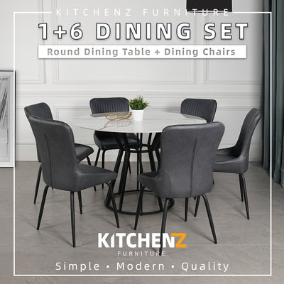 (FREE Shipping & FREE Installation) 6 People Seater Marble Dining Set / Round Dining Table + 6 Dining Chairs / Metal Leg / PU Chair-HMZ-FN-DT-8005-MARBLE