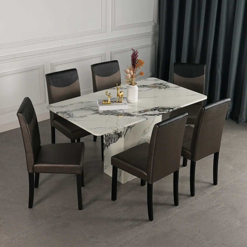 (FREE Shipping & FREE Installation) 6 People Seater Marble Dining Set / Full Marble / Parson Chair / Solid Wooden Leg-HMZ-FN-DT-8010-MARBLE+PU Chair