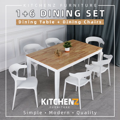 (FREE Shipping) 6 People Seater Dining Set with 1 Table Solid Wood 6 Chairs - Dining Set (1+6)