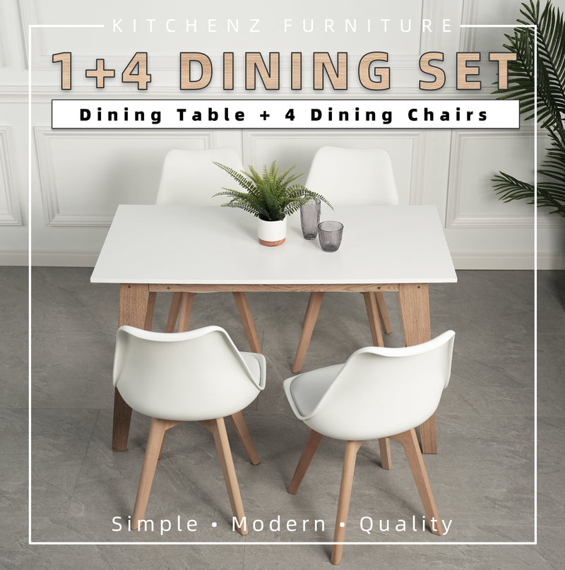 4 People Seater Simona Series Dining Table / Dining Set / 1 Dining Table with 4 Dining Chairs / Solid Board Leg-HMZ-FN-DT-S0006-WT
