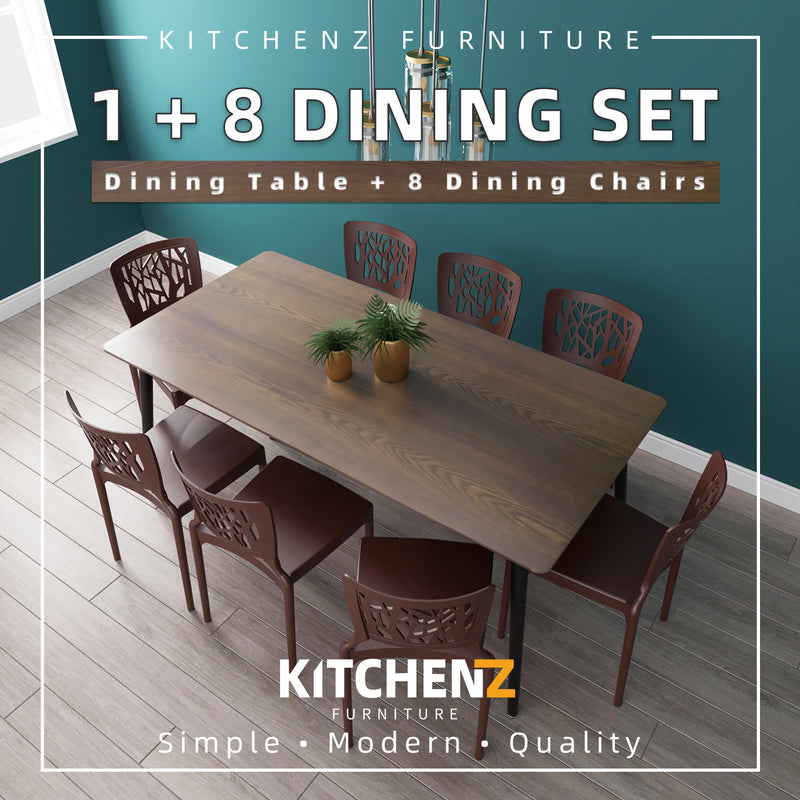 8 People Seater Solid Board Dining Set with 1 Wooden Texture Table 8 Chairs-HMZ-FN-DT-T01(18090)-DB