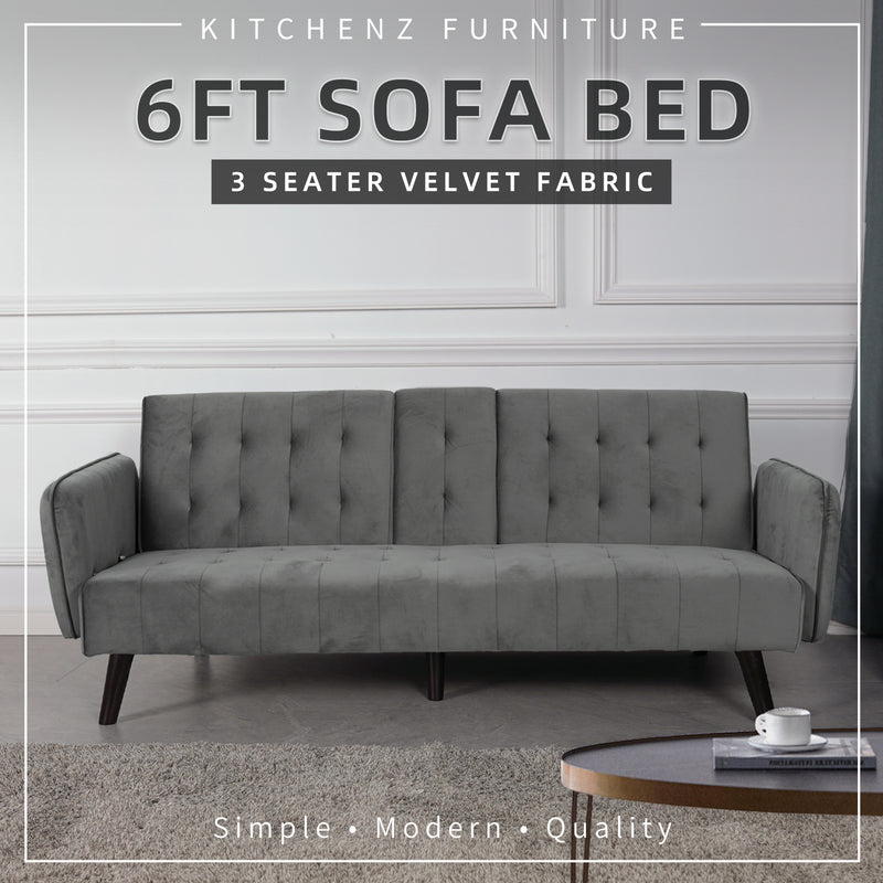 (FREE Shipping) 6FT Foldable Sofa Bed 3 Seater Wooden Leg Linen Fabric Grey / Velvet Fabric Black / Grey / Blue -ESF4360