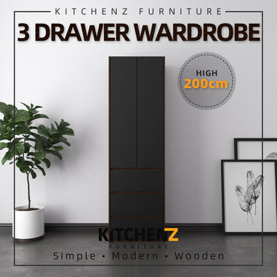 200cm High 2 Door Wardrobe with Handle 3 Drawer Solid Board / Almari Pakaian-HMZ-FN-WD-6007