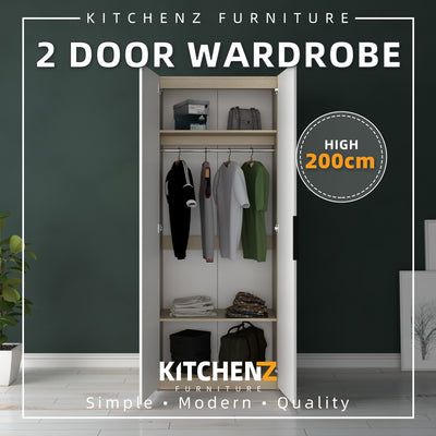 200cm High 2 Door Wardrobe With Matte Black Handle and Hanging Rod / Almari Baju / Almari Pakaian-HMZ-FN-WD-6009