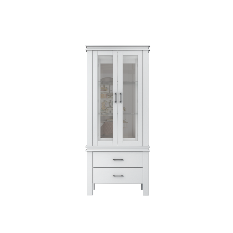 2.6FT Isabella Series 2 Door Glass Display Cabinet with 2 Drawers-DC-I7482-WT