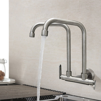 SUS304 Stainless Steel Double Twin Kitchen Faucet Wall Sink Tap L Spout-KZ-TF-WS-9317-S