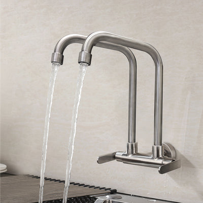 SUS304 Stainless Steel Double Twin Kitchen Faucet Wall Sink Tap L Spout-KZ-TF-WS-9317-S