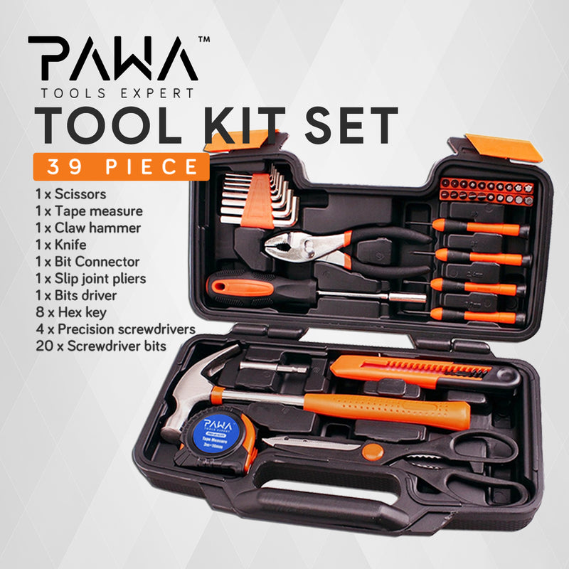 39 PCS Orange Hand Tool Set / General Household Hand Tool Kit with Plastic Toolbox Storage Case-LF-DT-HT-YT39