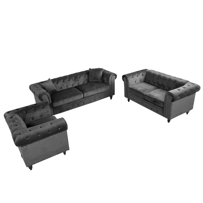 (FREE Shipping) Chesterfield Sofa Set 1+2+3 Seater Without Pillow / Velvet Fabric / Modern Classic / Rubber Wood Legs-HMZ-FN-SF-17
