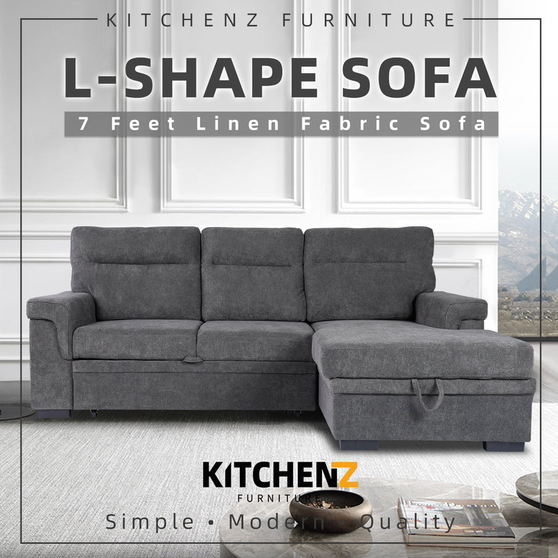 (FREE Shipping) 7FT L-Shape 3 Seater Linen Fabric Sofa / Sofa Bed-HMZ-FN-SF-Y1607-GY