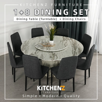 (FREE Shipping & FREE Installation) 6 People / 8 People Seater Marble Dining Set / Fabric Dining Chairs / PU Base / Full Marble-HMZ-FN-DT-8001/2/3/6-MARBLE