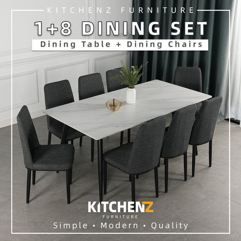 (FREE Shipping & FREE Installation) 6 People / 8 People Seater Marble Dining Set / Fabric Dining Chairs / Metal Legs-HMZ-FN-DT-8004/9-MARBLE