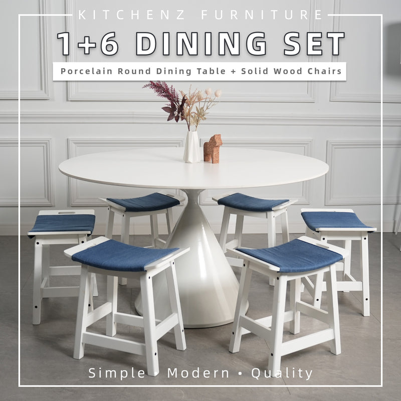 (FREE Shipping & FREE Installation) 6 Seater Porcelain (Ceramic) Dining Set Round Table / Metal Leg + 6 PU Chairs Dining Table Set-T22/T36