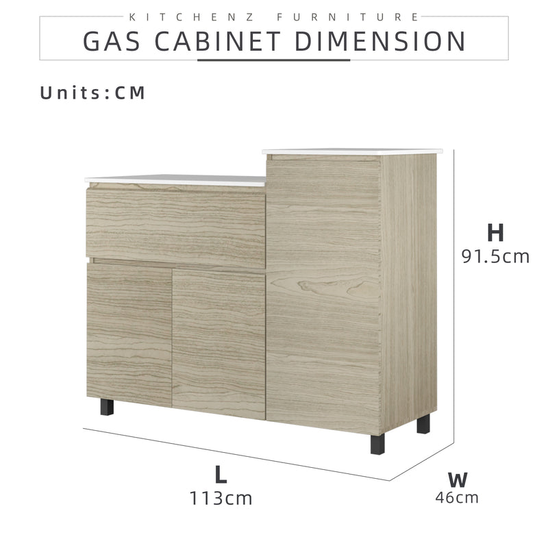 3.7FT Gas Cabinet White Solid Surface Table Top Drawer Almari Natural Oak / White Wash Gas Cyclinder Storage - HMZ-FN-GC-6121