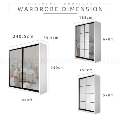 (FREE Shipping & FREE Installation) 5/6/8FT White Anti-jump And Sliding Doors Wardrobe With Mirror / Almari Baju