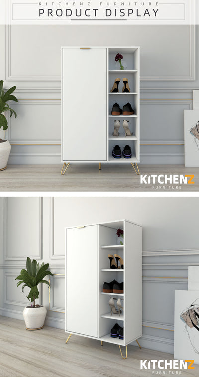 3FT Eudora Series Shoe Cabinet with 1 Door 5 Shelves & Open Storage-HMZ-FN-SR-E1881-WT