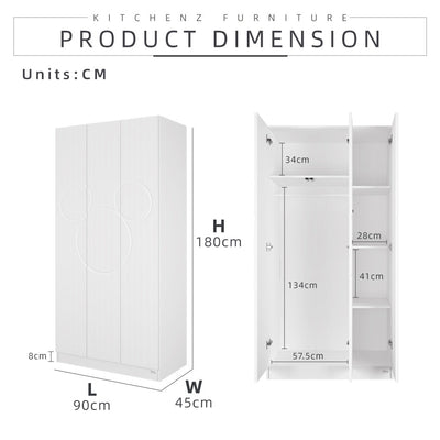 (EM) 3FT Disney Series 3 Door Push Catch Open Wardrobe Cabinet Storage 100% Authentic 3D Concave-Convex Mickey-HMZ-FN-WD-D8275-WT