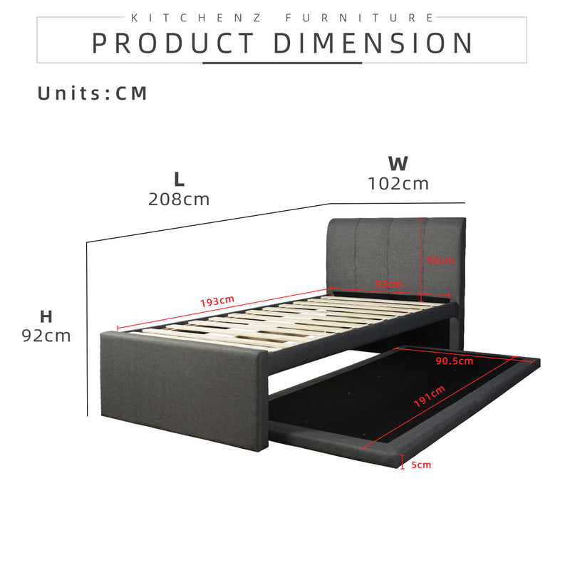 (EM) 3.3FT Divan Single Size Bed Frame Pull Out Bed Katil Single High Headboard Linen Fabric Bed Frame-DV012S/DV3363S-GY