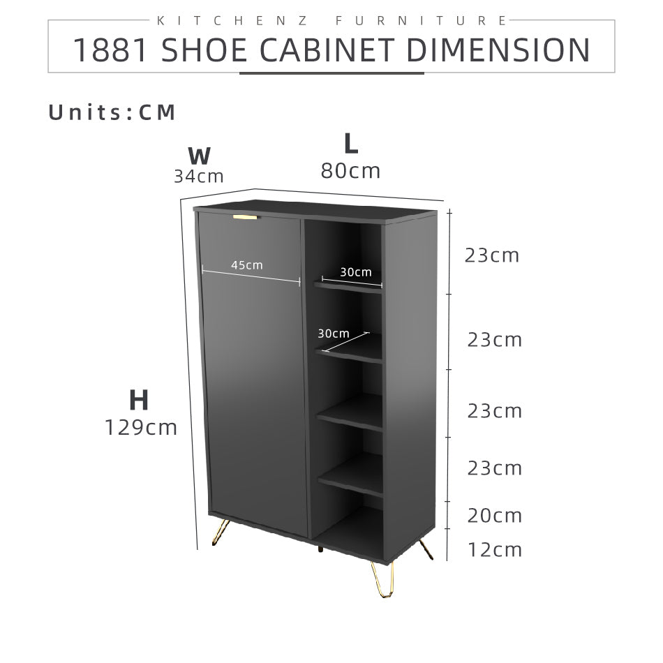 3FT Stellate Series Shoe Cabinet with 1 Door 5 Shelves Open Storage KitchenZ