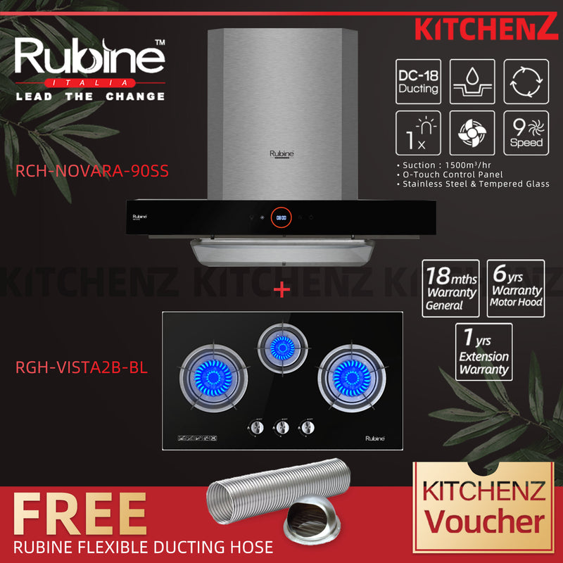 [FREE Shipping] Rubine Chimney Hood Essential Series 1500m³/hr with O-Touch Panel - RCH-NOVARA-90SS + Tempered Glass 3 Burner 5.0Kw Built-in Hob - RGH-VISTA3B-BL + FREE Ducting Hose DC17