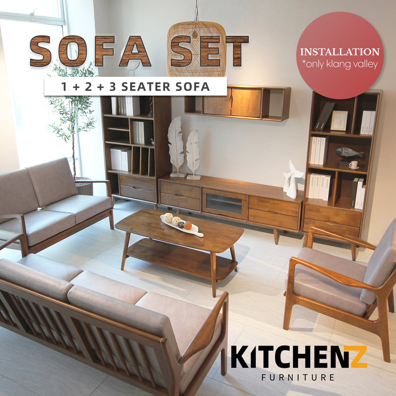 Legno Solid Wood Sofa Set 1+2+3 Seater with Grey Leathaire Cushion-HMZ-FN-SF-FJ2921V-WN+FJ2922V+FJ2923V